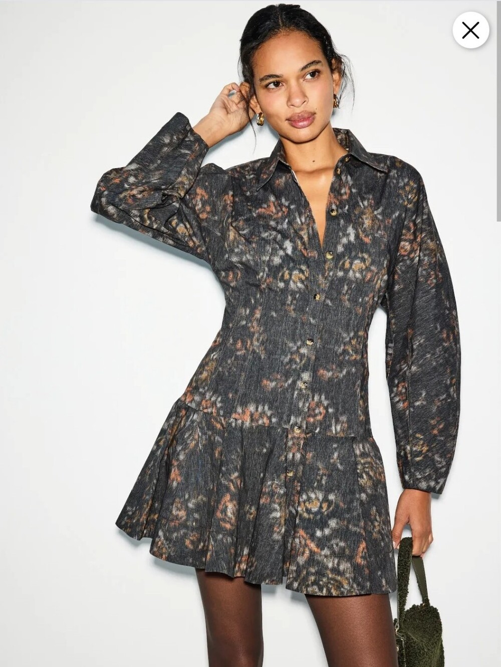 GANNI PRINTED STRETCH COTTON BUTTONED MINI DRESS SIZE 4 MSRP $390